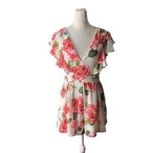 Charlotte Russe Womens Small Floral V-Neck Romper Dress Ruffle Flowy Sleeves